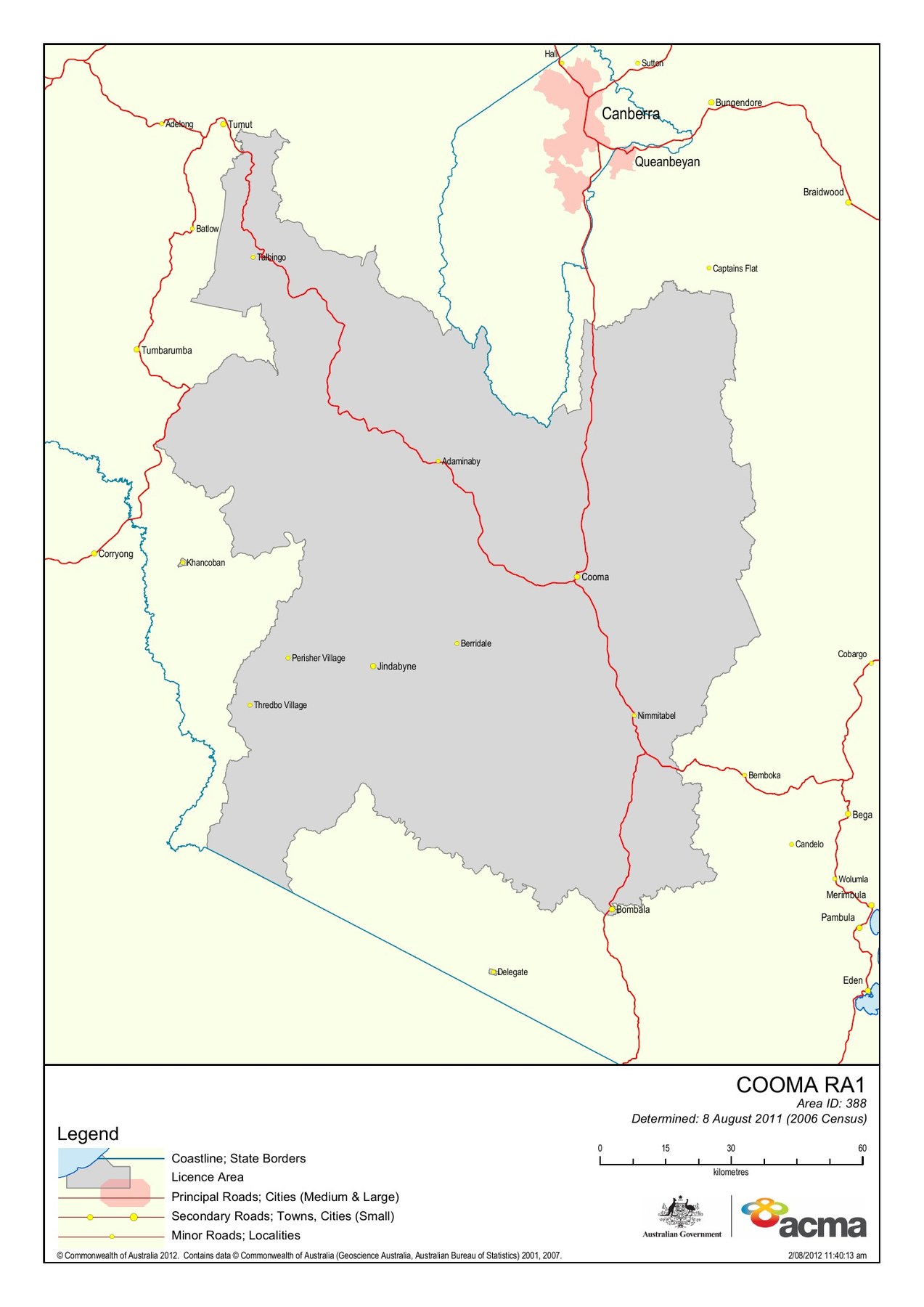 ACMA map showing the Cooma RA1 radio licence area